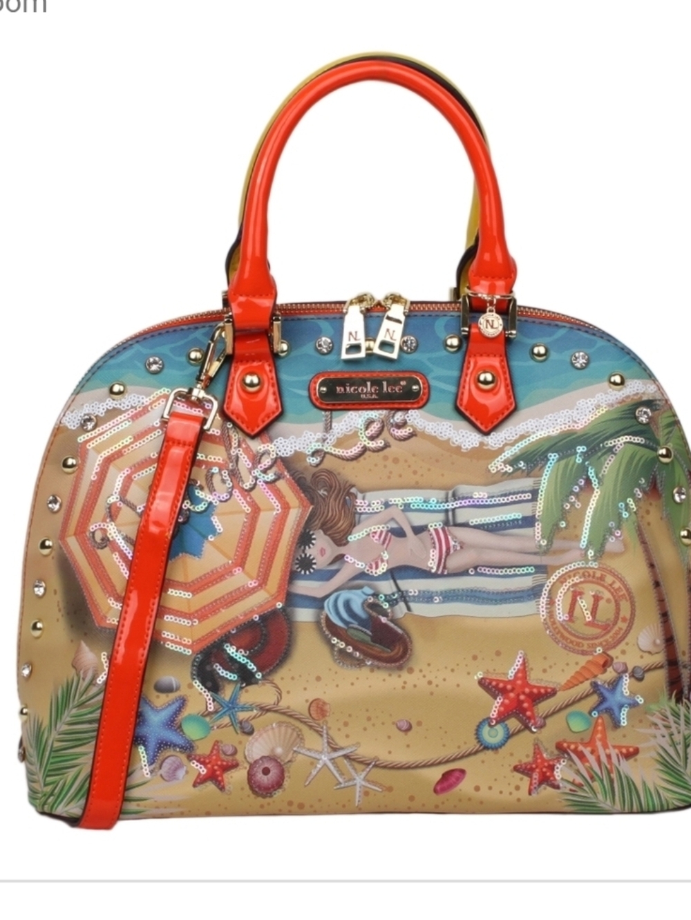 Nicole Lee Multicolor Beach Scene Dome Satchel with Red Trim